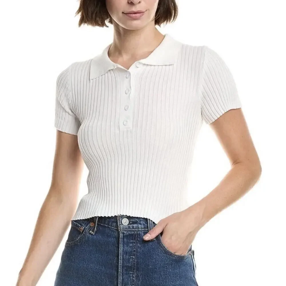 Anthropologie Audrey 3+1 short sleeve Y2K collar Polo Shirt White Small A004559